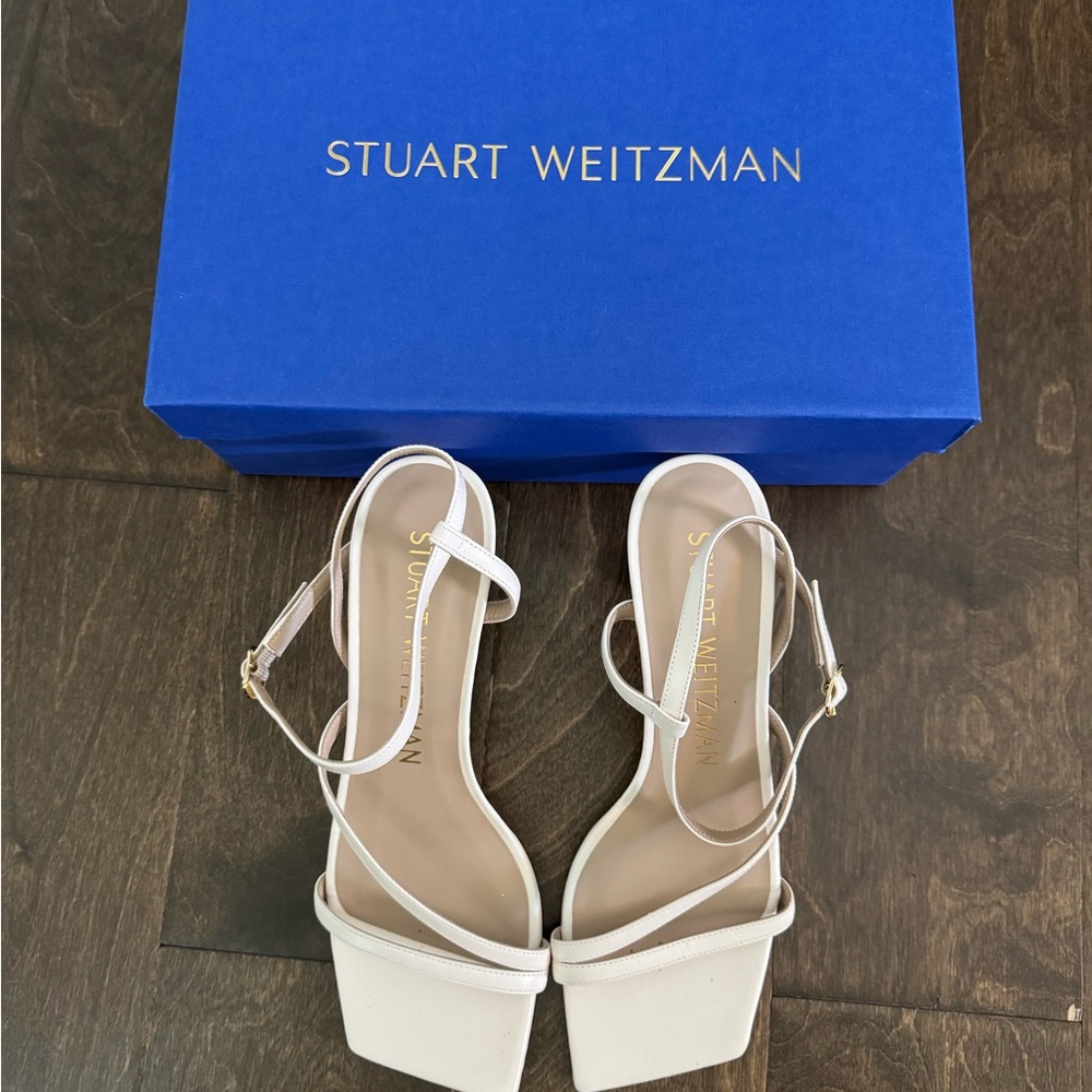 Stuart Weitzman White Heeled Sandals with Minimalist Straps